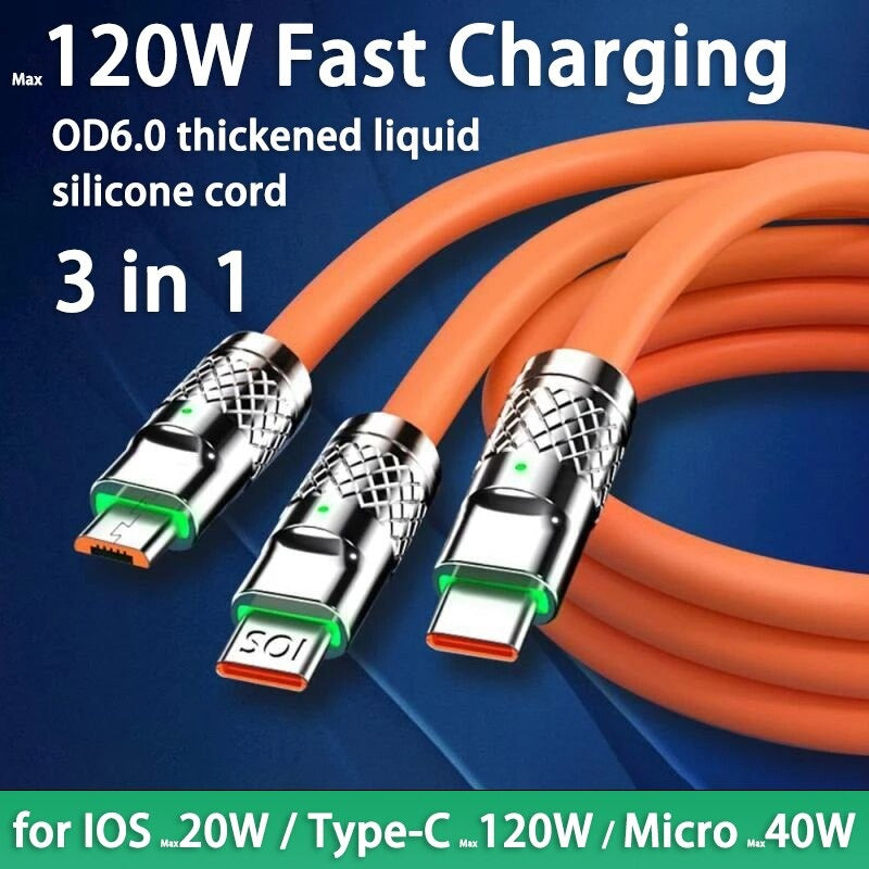 3 IN 1 Charging Cable 120W 6A Super Fast Charger USB Protection For Micro Type-C Metal Smartphone