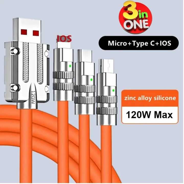 3 IN 1 Charging Cable 120W 6A Super Fast Charger USB Protection For Micro Type-C Metal Smartphone