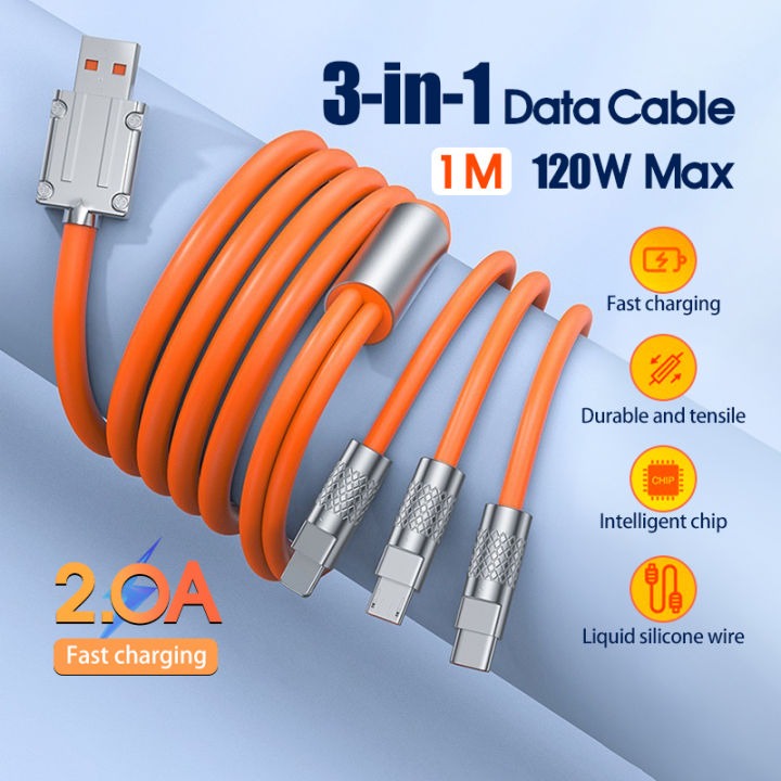 3 IN 1 Charging Cable 120W 6A Super Fast Charger USB Protection For Micro Type-C Metal Smartphone