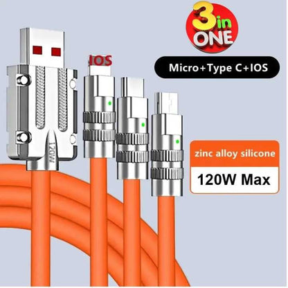 3 IN 1 Charging Cable 120W 6A Super Fast Charger USB Protection For Micro Type-C Metal Smartphone