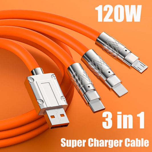 3 IN 1 Charging Cable 120W 6A Super Fast Charger USB Protection For Micro Type-C Metal Smartphone